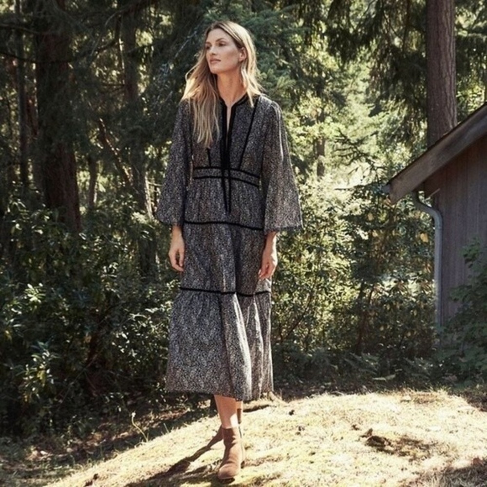 DOEN Elix Dress Black Prairie Paisley Velvet Trim Boho Cottagecore Maxi Sz SMALL
